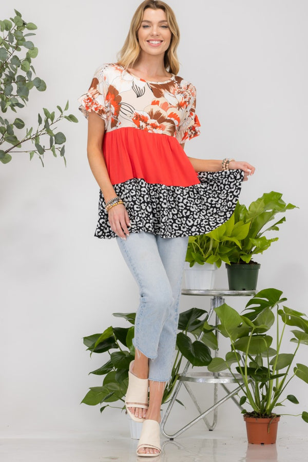 Haut à volants et manches courtes à imprimé color block Celeste