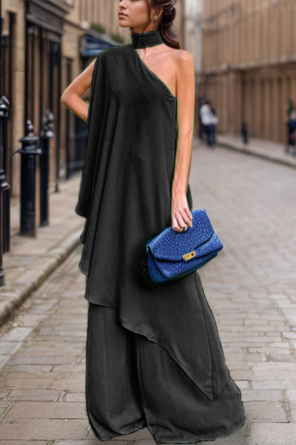 Ensemble haut à col montant et pantalon à épaule unique