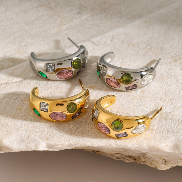 Boucles d'oreilles géométriques en acier inoxydable avec zircons incrustés