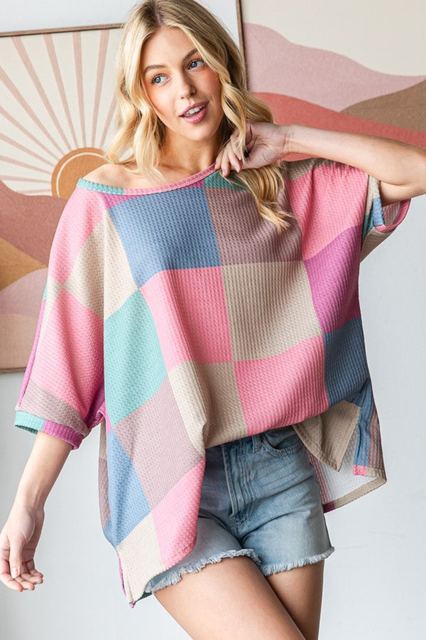 T-shirt à carreaux taille réelle HOPELY à col rond et fente latérale