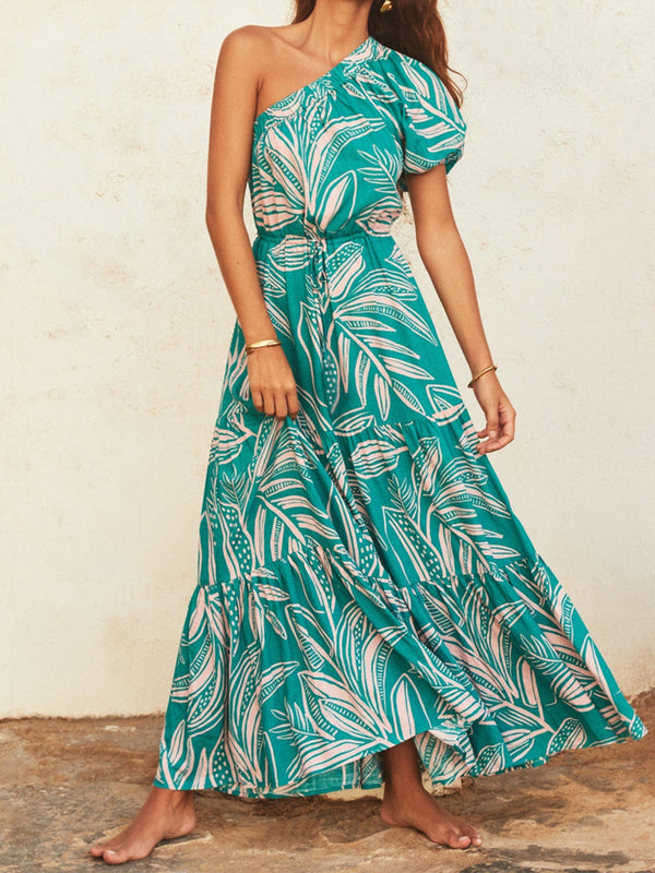 Robe imprimée à une épaule et manches bouffantes