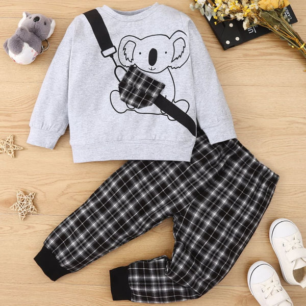 Ensemble sweat-shirt à imprimé animal et pantalon de jogging à carreaux pour enfants