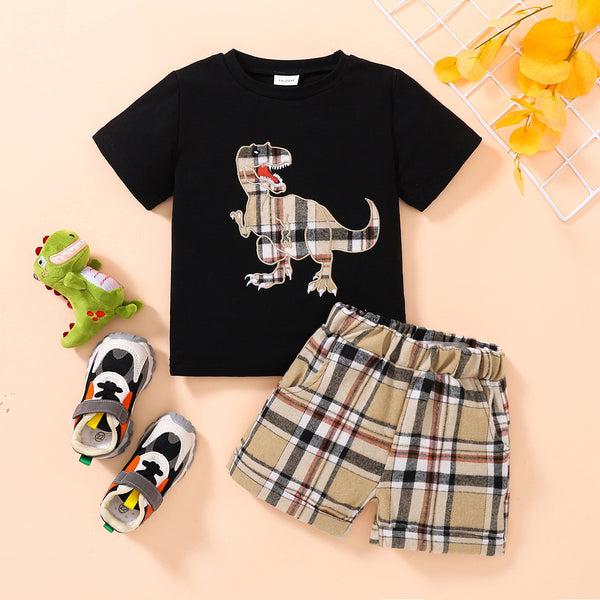 Ensemble T-shirt à imprimé dinosaure et short à carreaux pour enfants