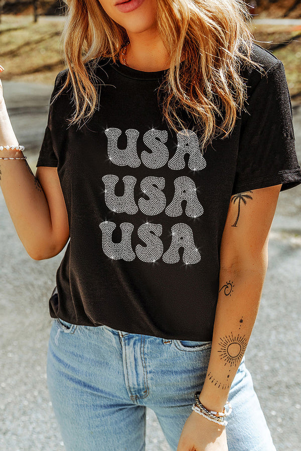 T-shirt à manches courtes et col rond avec strass USA