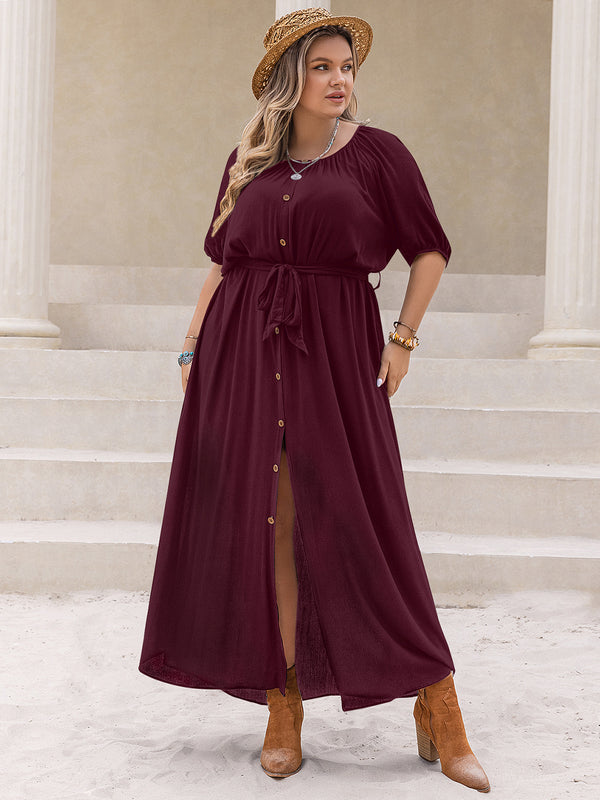 Robe grande taille à col rond et manches mi-longues