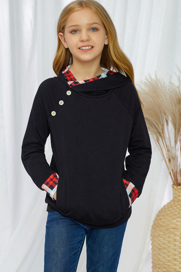 Sweat à capuche à carreaux décoratifs avec poches pour filles
