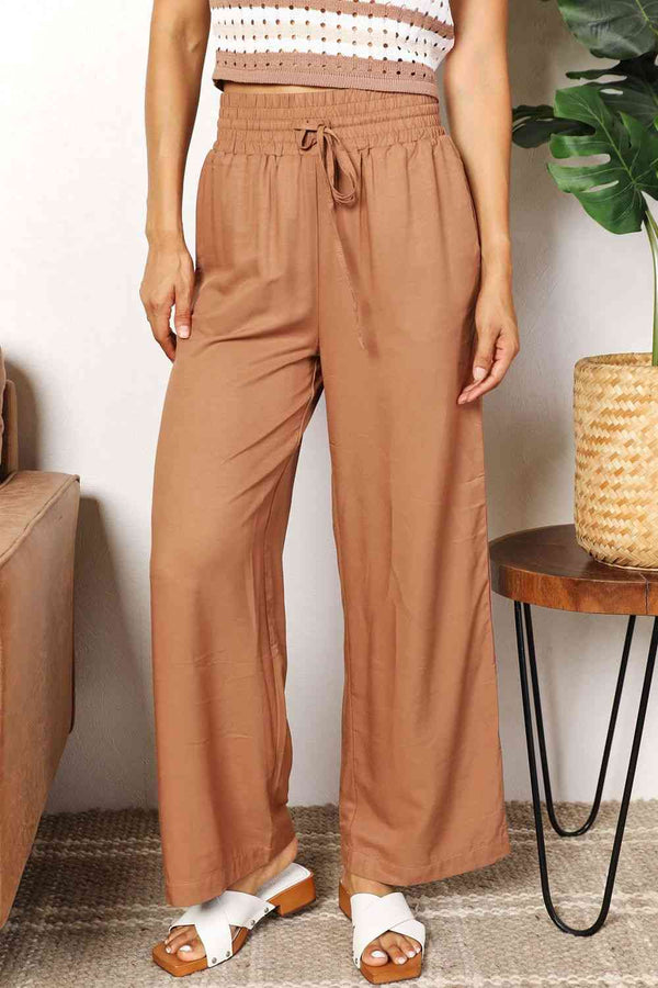 Pantalon à jambes larges avec taille froncée et cordon de serrage Double Take